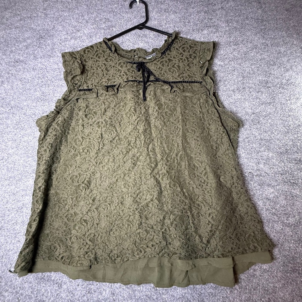 Soho Jeans NY&Co Olive Green Lace Ruffle Sleeveless Blouse XL Velvet Tie